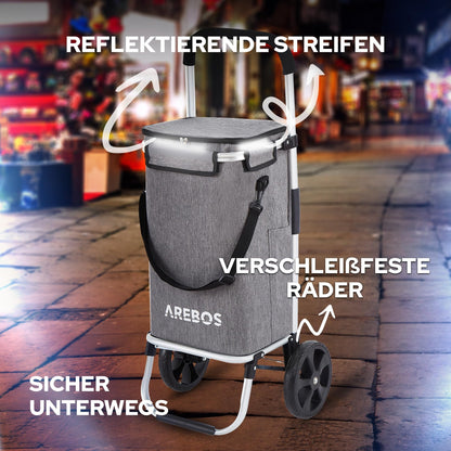 Arebos 3in1 shopping trolley | Large 56 liter cart | Shopping bag with cooler compartment | Bag with wheels | Folding shopper | Foldable bag removable | Shopping roller, hand cart | Gray