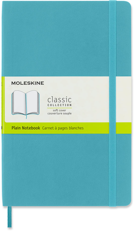 Moleskine notebook with white pages, blue (Reef), large, 13 x 21 cm.