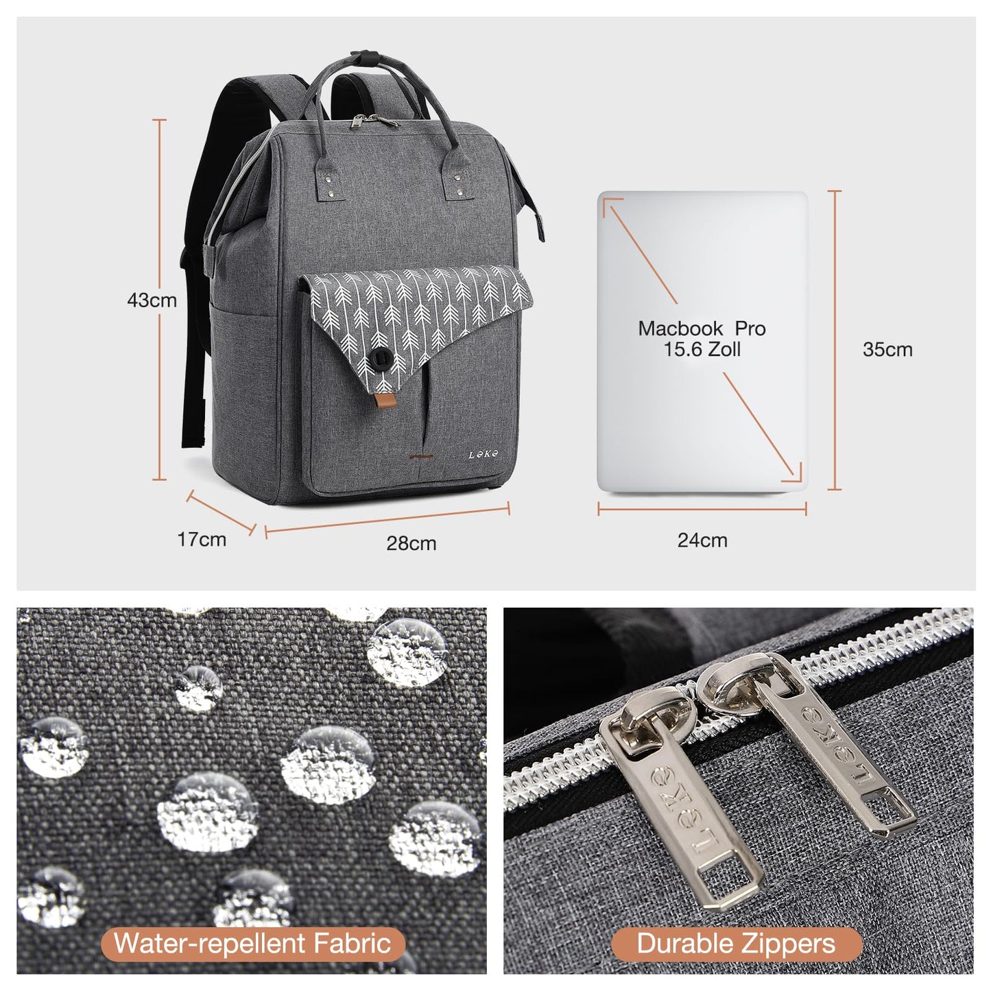 Lekesky backpack designed for women with laptop compartment & anti-theft pocket, fits up to 15.6 inch laptop. Perfect for work or school. (Grey)
