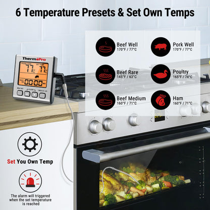 ThermoPro Digital Meat Thermometer Grill Thermometer Roast Thermometer Oven Thermometer with Timer and Backlit Temperature range up to 300°C Kitchen thermometer for BBQ Grill Smoker