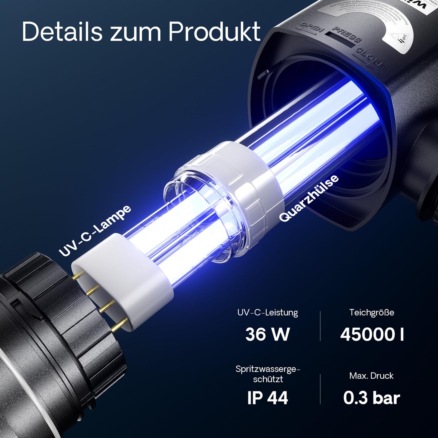 SunSun CUV-236 Pond Clarifier 6000 l/h / 36 W UVC, Prefilter for pond filters & pond pumps, Water clarifier with UV lamp, Light filter for algae control.