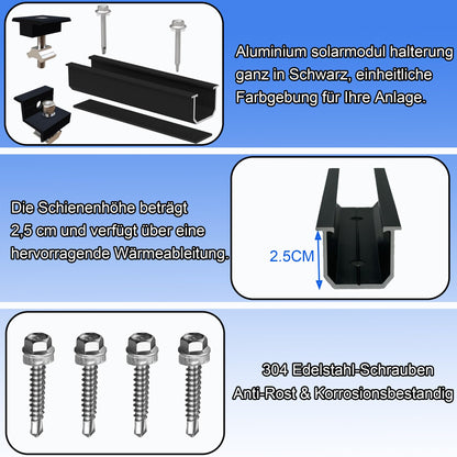 Warmfei Solar Module Mounting Kit, Black 12CM Aluminum Profile and Adjustable Clamps Fastening for Solar Module, Solar Panel Bracket 4 Module 30-35MM for Flat Roof Trapezoidal Sheet Metal Roof