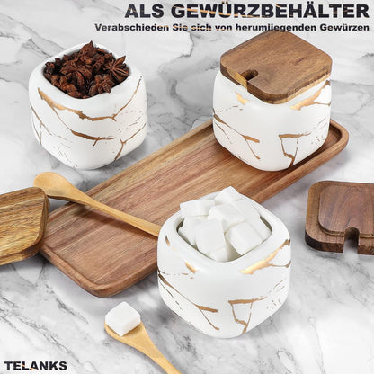 TELANKS 3-piece set includes ceramic sugar bowl with lid and spoon, spice jars with spoon, and salt cellar with lid. Perfect for home and kitchen.