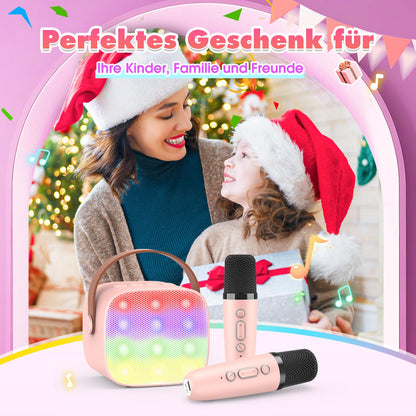 Dislocated Karaoke Machine with 2 Bluetooth microphones, girls' gift toy for 3-12 years old. Mini Karaoke microphone set for kids and adults. Portable speaker with DSP & LED lights.