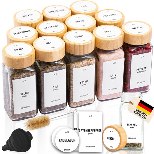 Deco Haus® Square airtight spice jars 12pc set [incl. labels & sprinkle insert] - Glass spice jar set - Spice container spice jars - Spice storage - Containers for spices - Spice storage