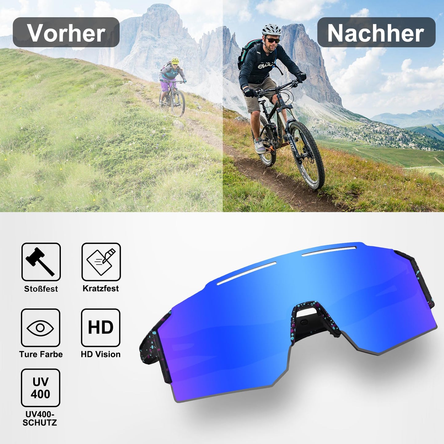 DUDUKING Sunglasses Bike Glasses Men Women, Water Transfer Printing Sport Goggles Cycling Glasses for Outdoor Sports Running Golf UV 400 Protection Baseball Glasses (Blue)