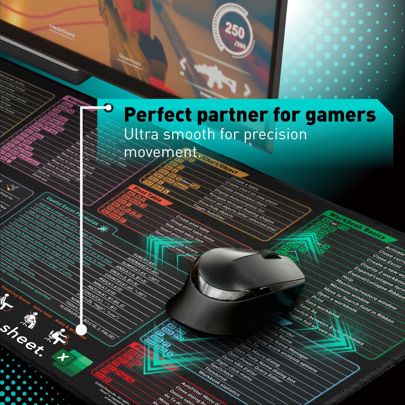 Pixiecube Excel shortcut keys mousepad, extended large XXL cheat sheet, gaming mousepad, PC office spreadsheet, keyboard mat, non-slip stitched edges.