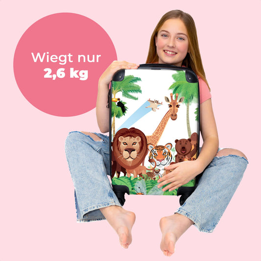 NoBoringSuitcases.com® Kids' carry-on suitcase featuring fun trolli gifts inspired jungle design with a tiger and lion. Dimension: 55x35x20cm.