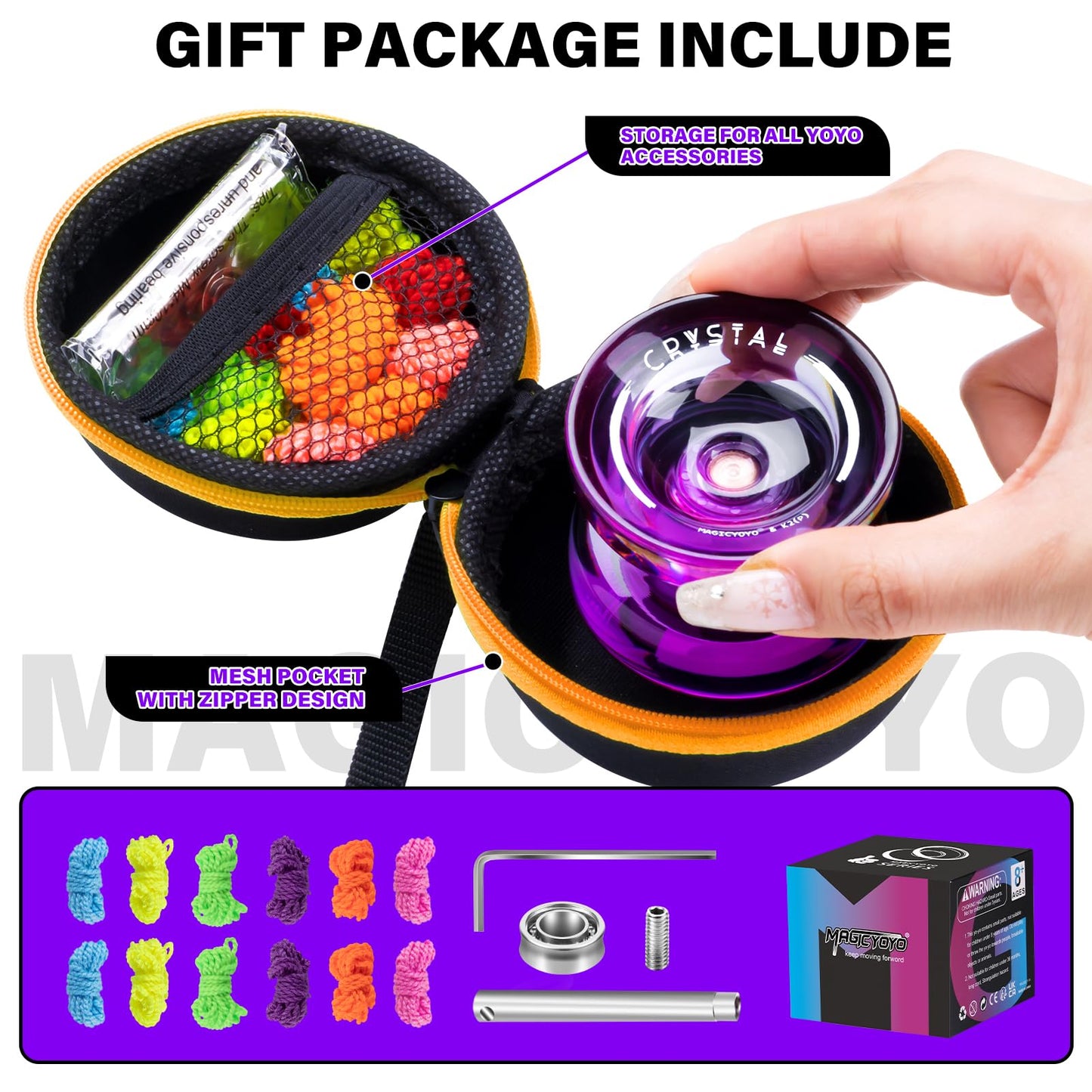 MAGICYOYO Crystal Yoyo K2, professional yo-yo for responsive and unresponsive play, with ball bearing and axle for tricks. Great for kids and beginners, comes with 12 strings, case, and accessories (Black Purple).