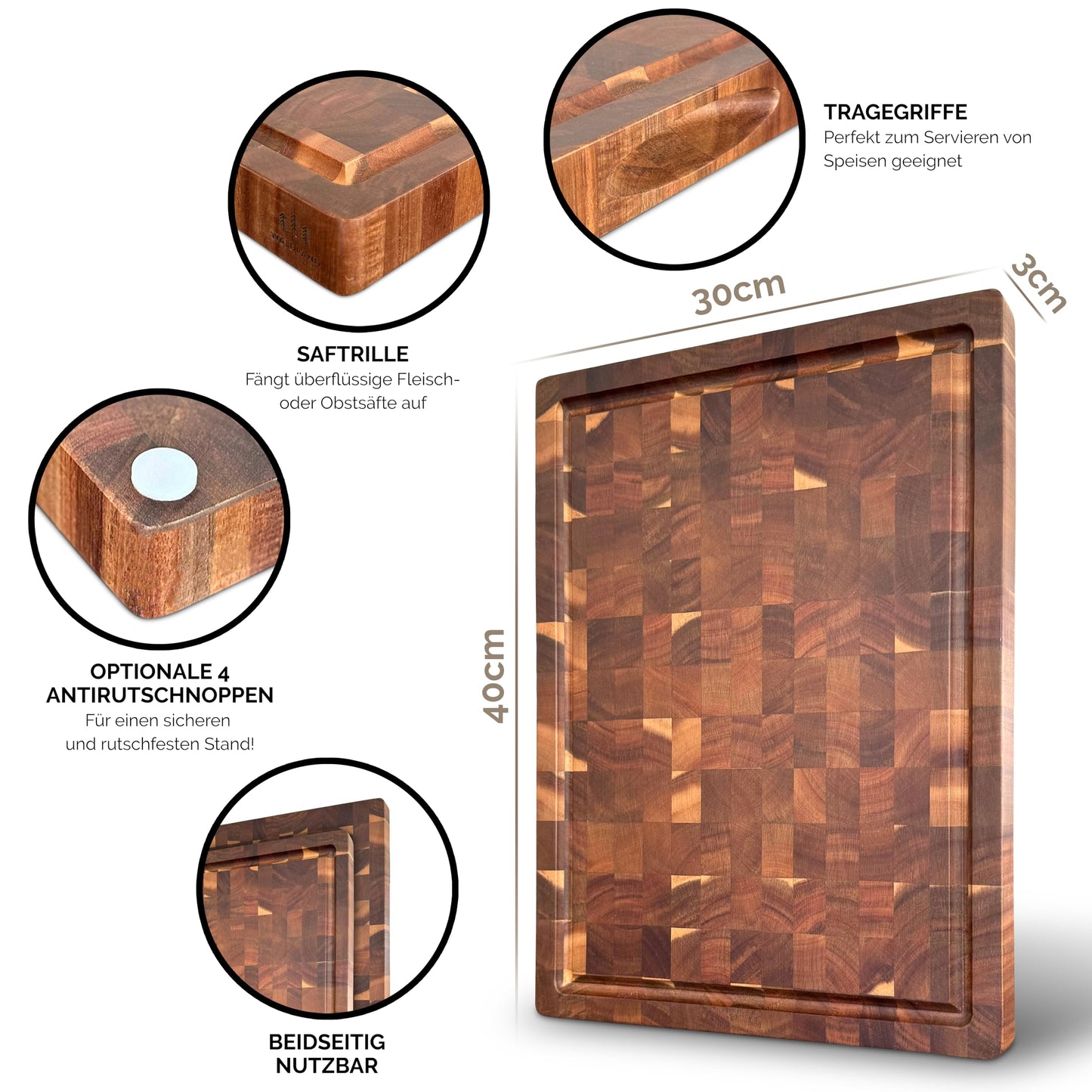 WOODLAND Premium Cutting Board Wood Large 40 x 30 x 3 cm I made of sturdy acacia wood I Wooden Kitchen Board I thick cutting board with juice groove I End Grain I End Grain