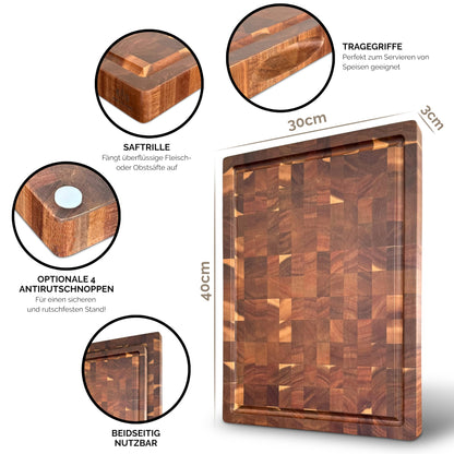 WOODLAND Premium Cutting Board Wood Large 40 x 30 x 3 cm I made of sturdy acacia wood I Wooden Kitchen Board I thick cutting board with juice groove I End Grain I End Grain