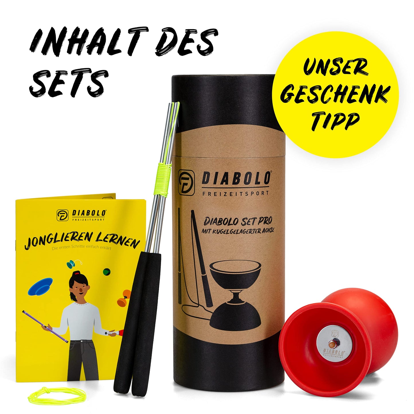 Diabolo recreational sports juggling set Pro with ball bearing diabolo (red), aluminum handsticks, spare string & instructions - with gift packaging.