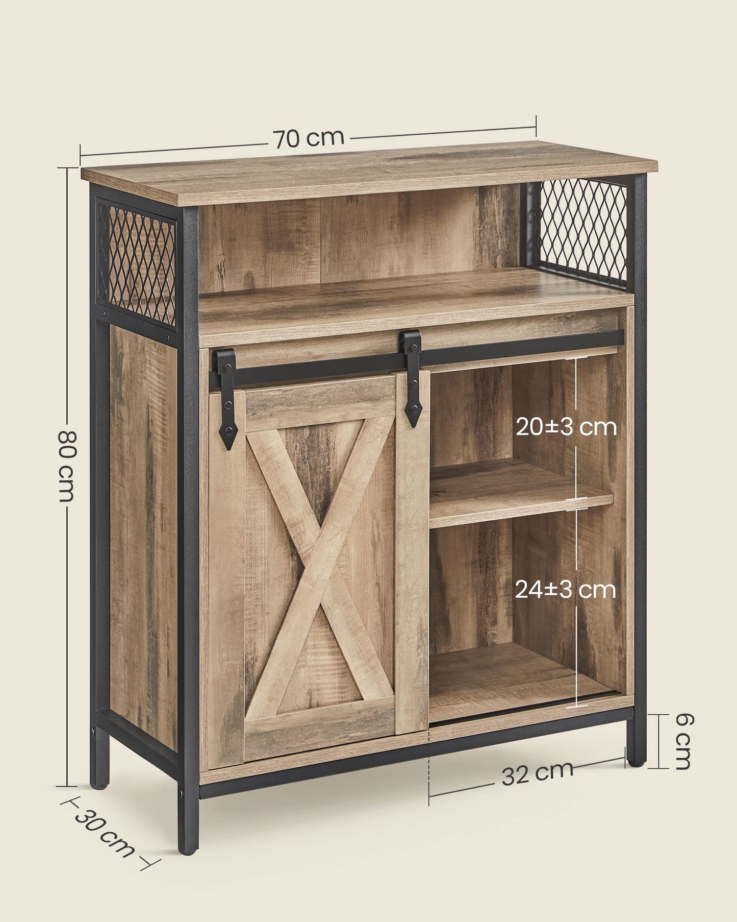 VASAGLE sideboard, kitchen cabinet, storage cabinet, with sliding door, 30 x 70 x 80 cm, adjustable shelf, open compartment, country style, for living room, oak brown-black LSC089B50