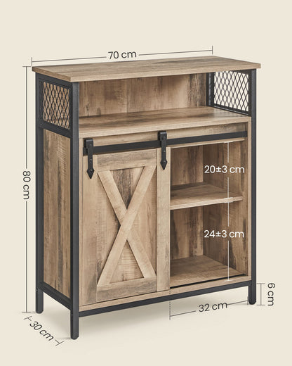 VASAGLE sideboard, kitchen cabinet, storage cabinet, with sliding door, 30 x 70 x 80 cm, adjustable shelf, open compartment, country style, for living room, oak brown-black LSC089B50