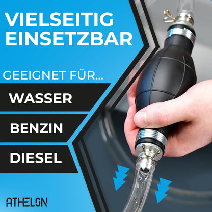 ATHELON® Hand pump for gasoline, diesel, water & oil - XL transfer pump including liquid regulator and 2m hose - Improved hose pump [2024] - Reliable & leak-proof.