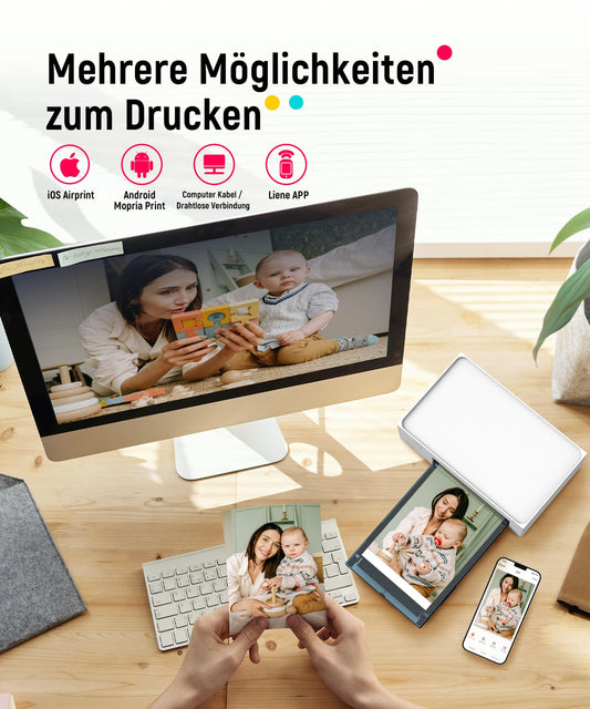 Compact photo printer for smartphone (4x6 inches) + set with 2 packs (20+80 sheets) of photo paper/cartridges, WiFi mobile photo printer for iPhone/Android/PC, 300DPI color sublimation instant photo printer, portable printer.