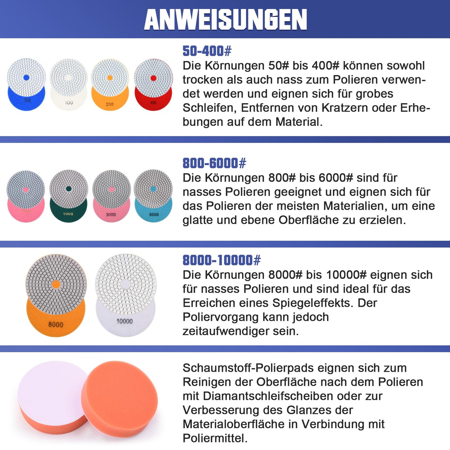 16 pieces 100mm diamond polishing pads including M14 rubber support pad, wool felt, foam polishing pad, 8mm drill attachment, 50-10000 diamond grinding disc for tile grinding disc marble.