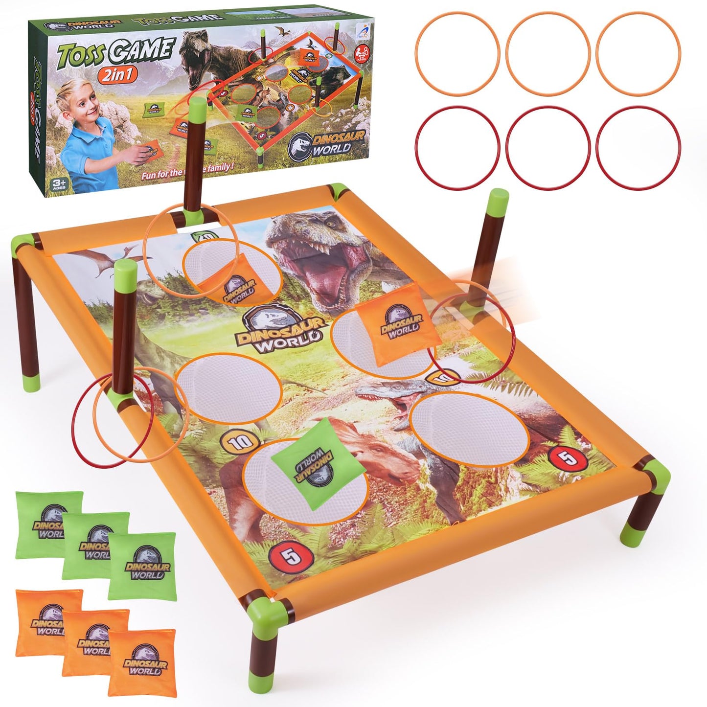 Cornhole game set with 6 bean bags and 3 balls, bean bag toss outdoor garden toy, portable 5-hole cornhole board toy for family kids outdoor activities (dinosaur).