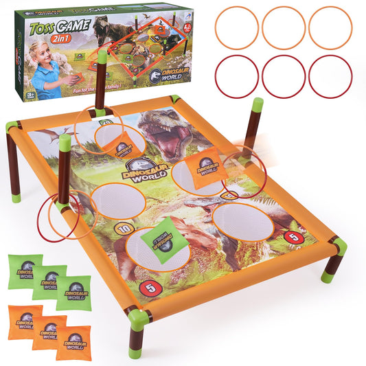 Cornhole game set with 6 bean bags and 3 balls, bean bag toss outdoor garden toy, portable 5-hole cornhole board toy for family kids outdoor activities (dinosaur).