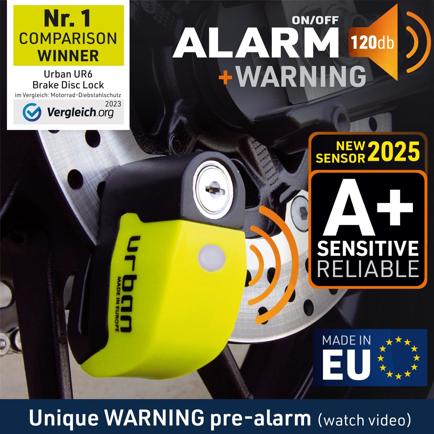 URBAN UR6 disc brake lock with 120dB alarm ON/Off with warning function, Optional activation, Long-lasting battery, Waterproof, Motorcycle lock alarm system Anti-theft protection Scooter Universal ø6mm