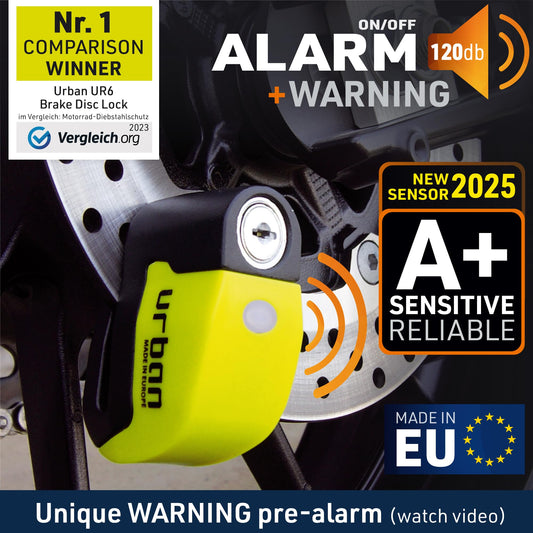URBAN UR6 disc brake lock with 120dB alarm ON/Off with warning function, Optional activation, Long-lasting battery, Waterproof, Motorcycle lock alarm system Anti-theft protection Scooter Universal ø6mm