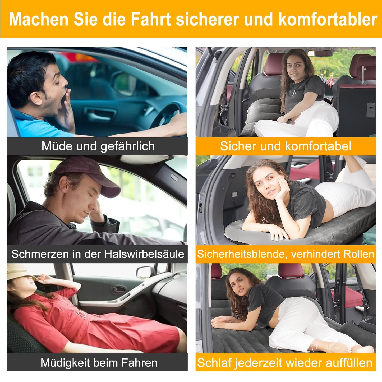 KMZ Car Mattress, 2 Pillows Car Air Mattress, Double-sided Thickened Flocked Auto Mattress Camping Inflatable Car Bed for Trunk Backseat (Dark Grey)