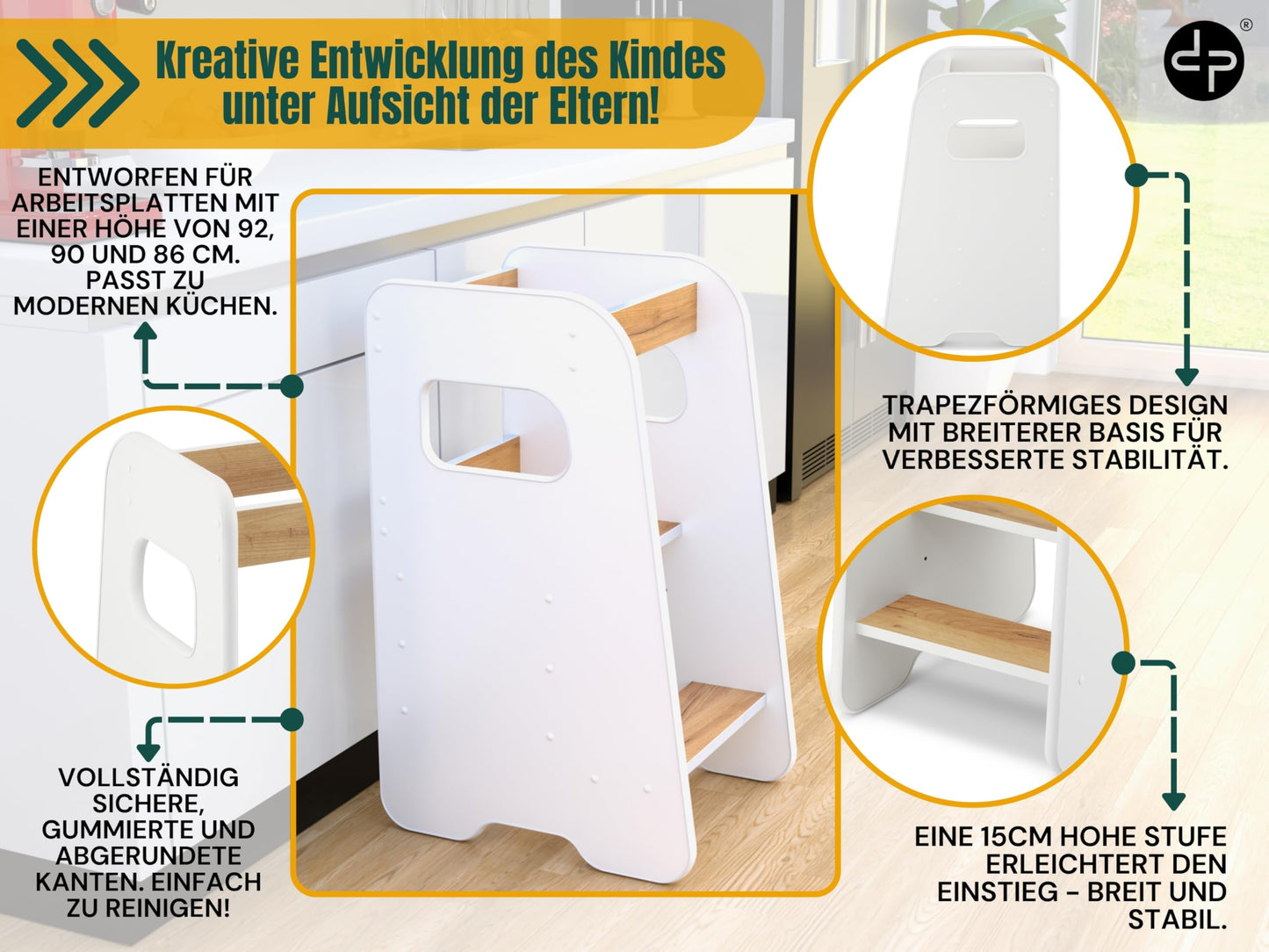 defiPad learning tower from 1 year - 3 levels adjustable in height, safe & stable - Learning Tower with tilt protection - Montessori learning tower for children - Made in the EU White - White & Oak