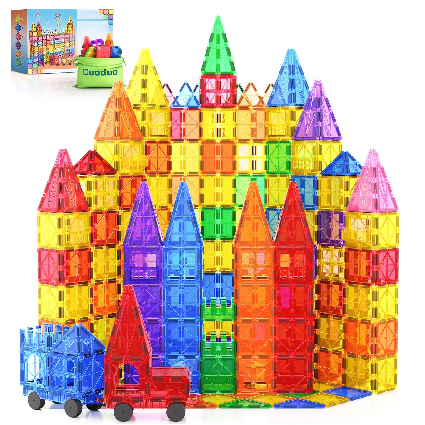 100 Magnetic Tiles STEM Building Toys with 2 cars, Sensory Magnetic Building Blocks for toddlers and kids, Preschool Montessori Toy Gifts for 3+ years old boys and girls.