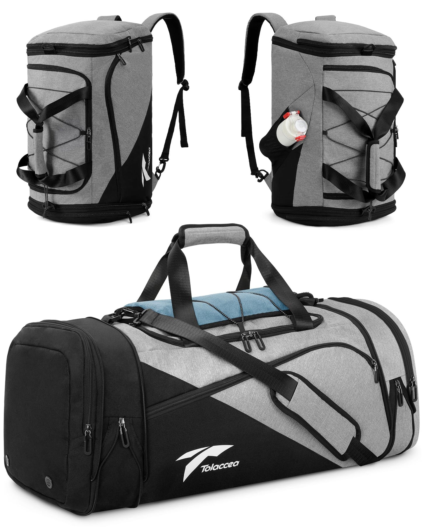 Tolaccea sports bag backpack for men and women, 45-63L expandable sports bags large with shoe compartment wet compartment laptop compartment, travel bag training bag for gym, travel, swimming, sauna, soccer (gray)
