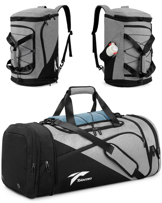 Tolaccea sports bag backpack for men and women, 45-63L expandable sports bags large with shoe compartment wet compartment laptop compartment, travel bag training bag for gym, travel, swimming, sauna, soccer (gray)