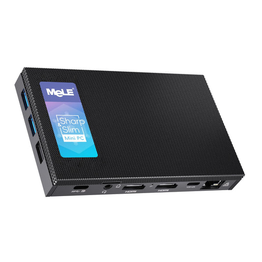 MeLE Quieter4C fanless mini PC featuring 12th Gen Alder Lake N100 CPU (up to 3.4GHz, 4C/4T), 8GB LPDDR4x RAM, 256GB storage, Windows 11 Pro, 4K triple-display support, dual HDMI, WiFi 5, BT5.1, and Ethernet.