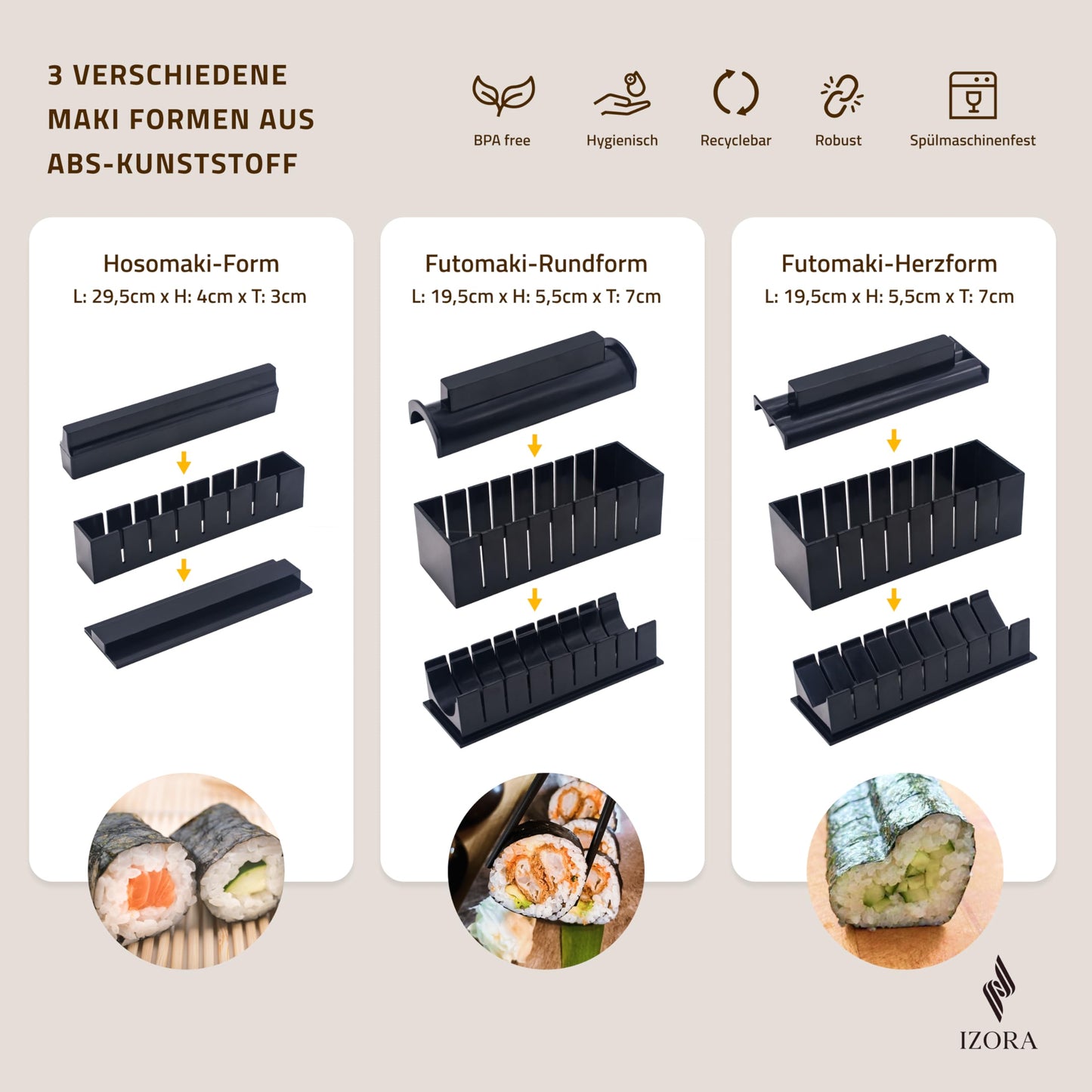 Izora Sushi Maker Set with beginner's guide including detailed instructions, easy recipe suggestions - Sushi set for making your own with stylish gift box, practical fabric bag.
