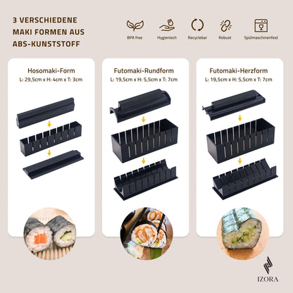 Izora Sushi Maker Set with beginner's guide including detailed instructions, easy recipe suggestions - Sushi set for making your own with stylish gift box, practical fabric bag.