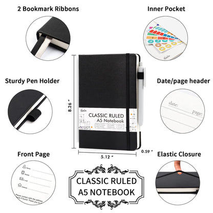 feela Notebook A5 lined, 3 black notebooks with 3 pens, DIN A5 Hardcover Notebooks, 120 g / m², 128 pages each, 64 sheets, diary, business notebook, notebook for men, women