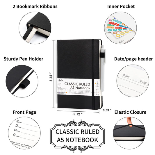 feela Notebook A5 lined, 3 black notebooks with 3 pens, DIN A5 Hardcover Notebooks, 120 g / m², 128 pages each, 64 sheets, diary, business notebook, notebook for men, women