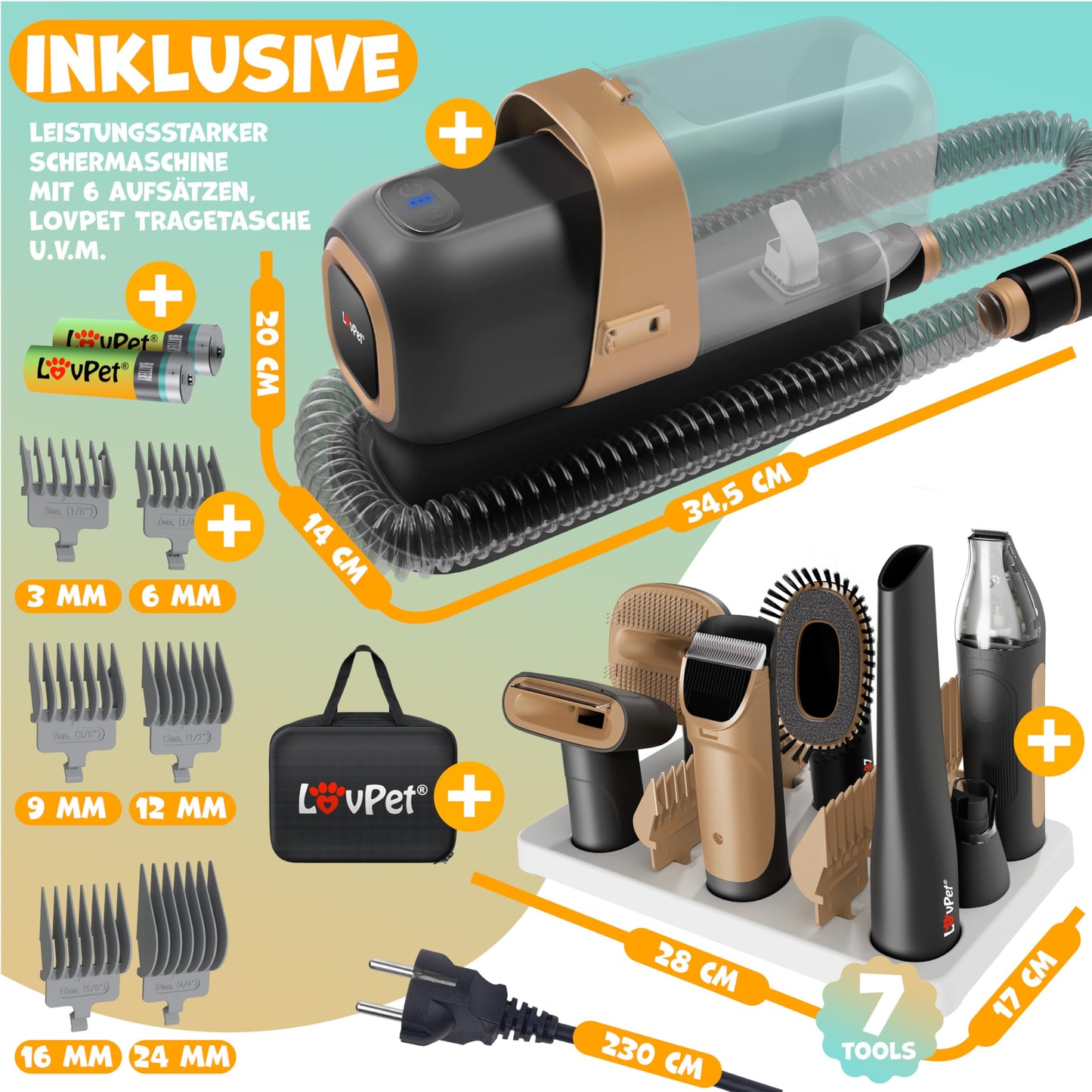 KESSER® dog grooming machine with vacuum cleaner | Quiet battery-powered clipper for pets | Pet grooming set with accessories for dogs & cats | Animal hair clipper 7in1 2.3L dust container and 7 grooming tools