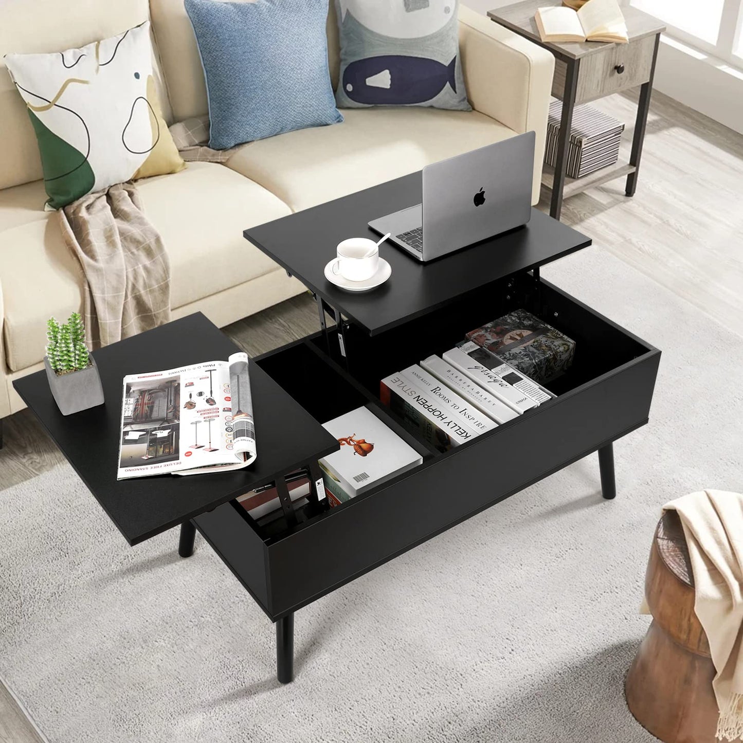 VOWNER Coffee Table, Adjustable Height Coffee Table, Extendable, Retractable Coffee Table, Separate Hidden Storage Compartment, Double Lift Top, Living Room Table, Black
