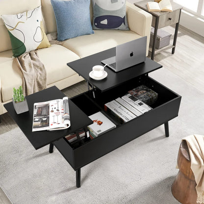 VOWNER Coffee Table, Adjustable Height Coffee Table, Extendable, Retractable Coffee Table, Separate Hidden Storage Compartment, Double Lift Top, Living Room Table, Black