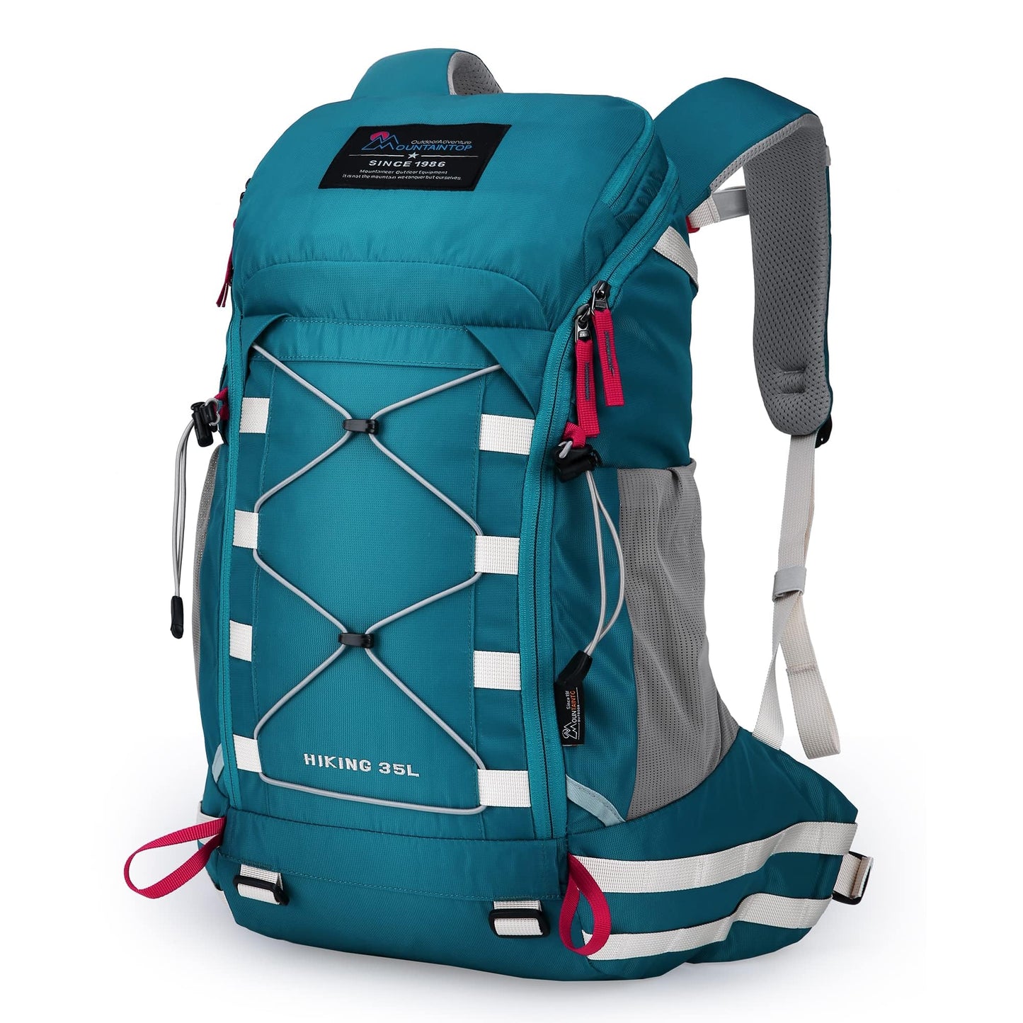 Mountaintop 35L hiking backpack for men and women. Ideal for camping, hiking, cycling, and day trips. Includes rain cover. Dimensions: 55x30x18cm.