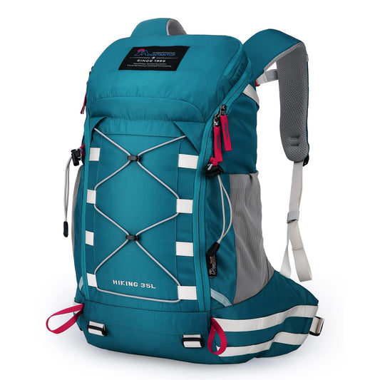 Mountaintop 35L hiking backpack for men and women. Ideal for camping, hiking, cycling, and day trips. Includes rain cover. Dimensions: 55x30x18cm.