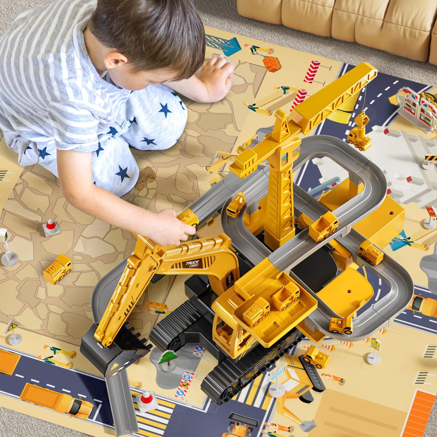 TEMI Excavator Toy for 3 4 5 6 7 8-year-old Boys, Construction Vehicle with Race Track, Crane Toy for Kids, Birthday Gift for Boys and Girls from 3 years.