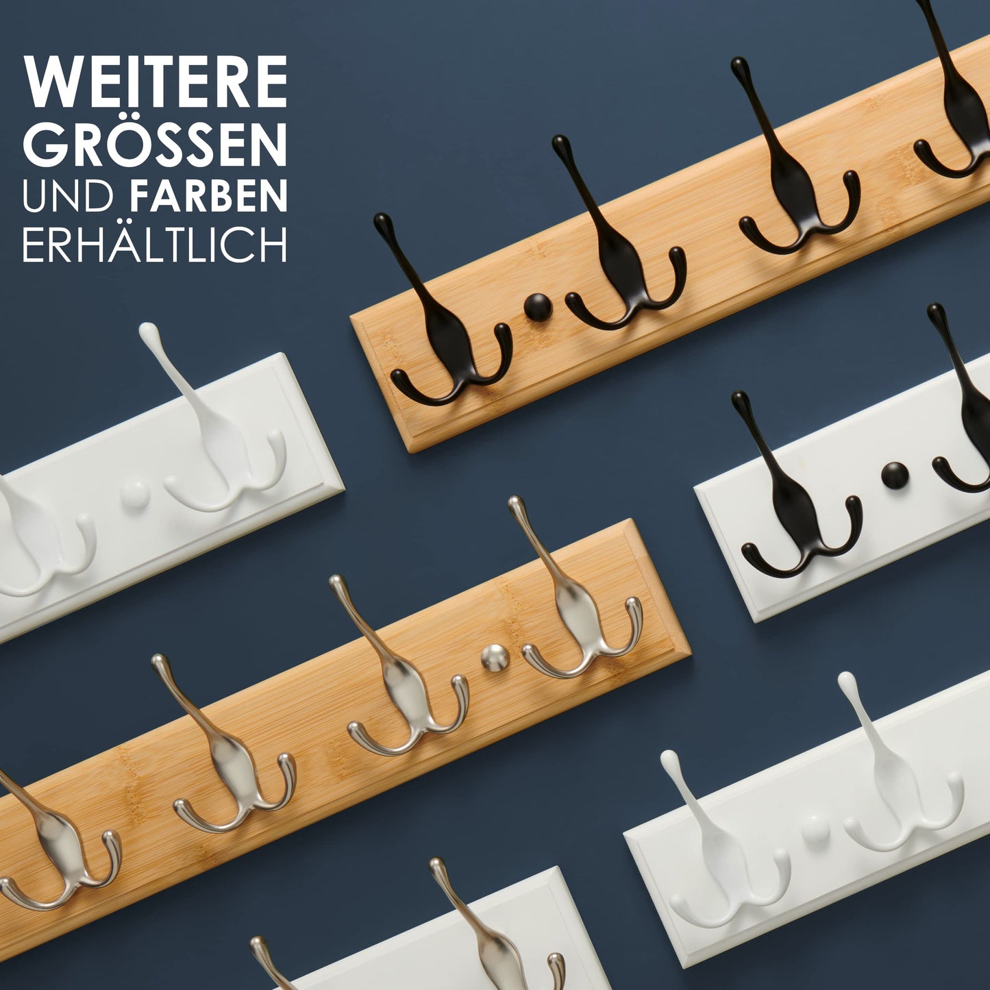 LARHN Wooden Coat Hooks - Wooden Coat Rack with 4 Hooks in Matte Nickel - 42 cm - Wall Coat Hooks - Wall Mount Coat Rack for Hallways, Closets, Bedrooms, and Bathrooms