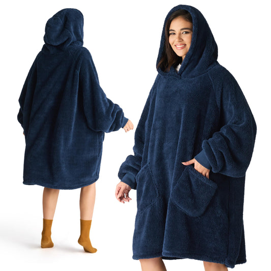 BEDSURE Hoodie Blanket with Sleeves - Cozy Pullover as Gifts for Women - Wearable Blanket for Adults Snuggle Blanket with Sleeves Soft Warm Gifts for Girlfriend Mothers, Blue 95x85 cm