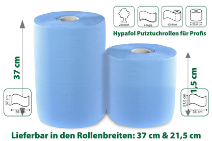 2 x blue absorbent paper roll with floor stand dispenser, 1000 sheets, 37x36 cm | 2-ply perforated paper towels | for industrial, workshop, and restaurant use | Diameter 25 cm