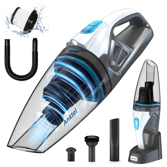 Anktel Handheld Vacuum 9500Pa with Charging Dock & LED Lighting Cordless Handheld Vacuum Battery Wet & Dry Handheld Vacuum with Washable HEPA Filter Bagless for Car, Home - PowerClean 2400