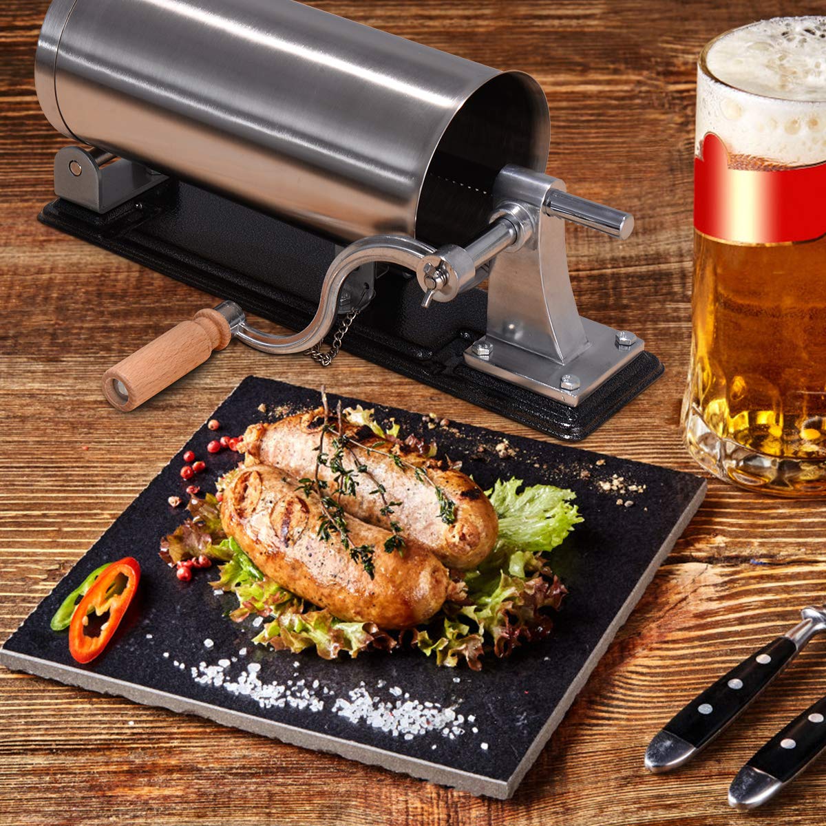 COSTWAY 2.5kg/3kg/4kg Manual Sausage Stuffer, Stainless Steel Sausage Maker, Includes 4 Filling Tubes, Sausage Press with Table Clamp, Silver Sausage Injector (3KG)