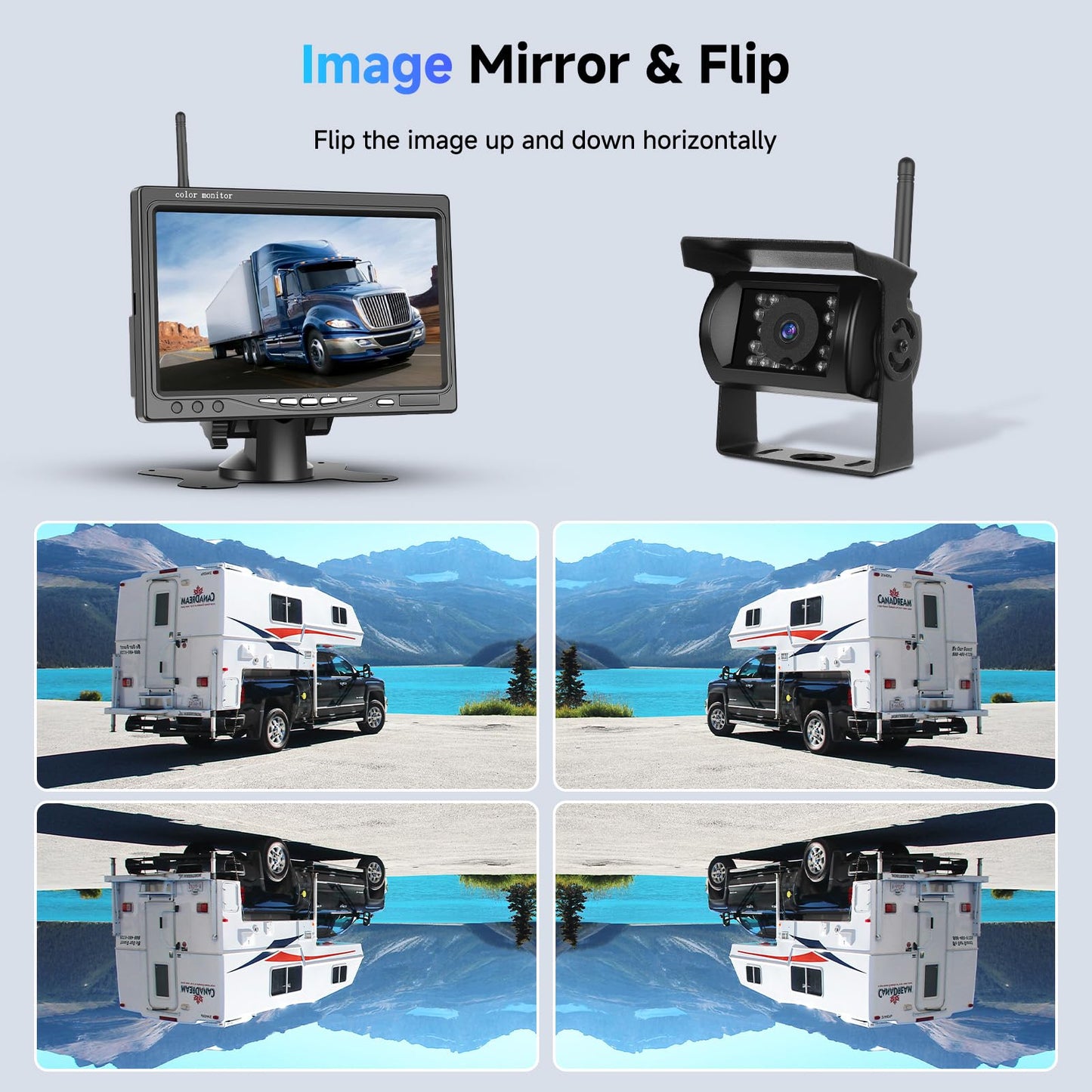 Podofo Wireless Backup Camera Kit HD 1080P, 7-inch monitor with wireless backup camera for trailer, RV, truck, car, bus, IP68 waterproof, night vision, BSD, 12V-36V.