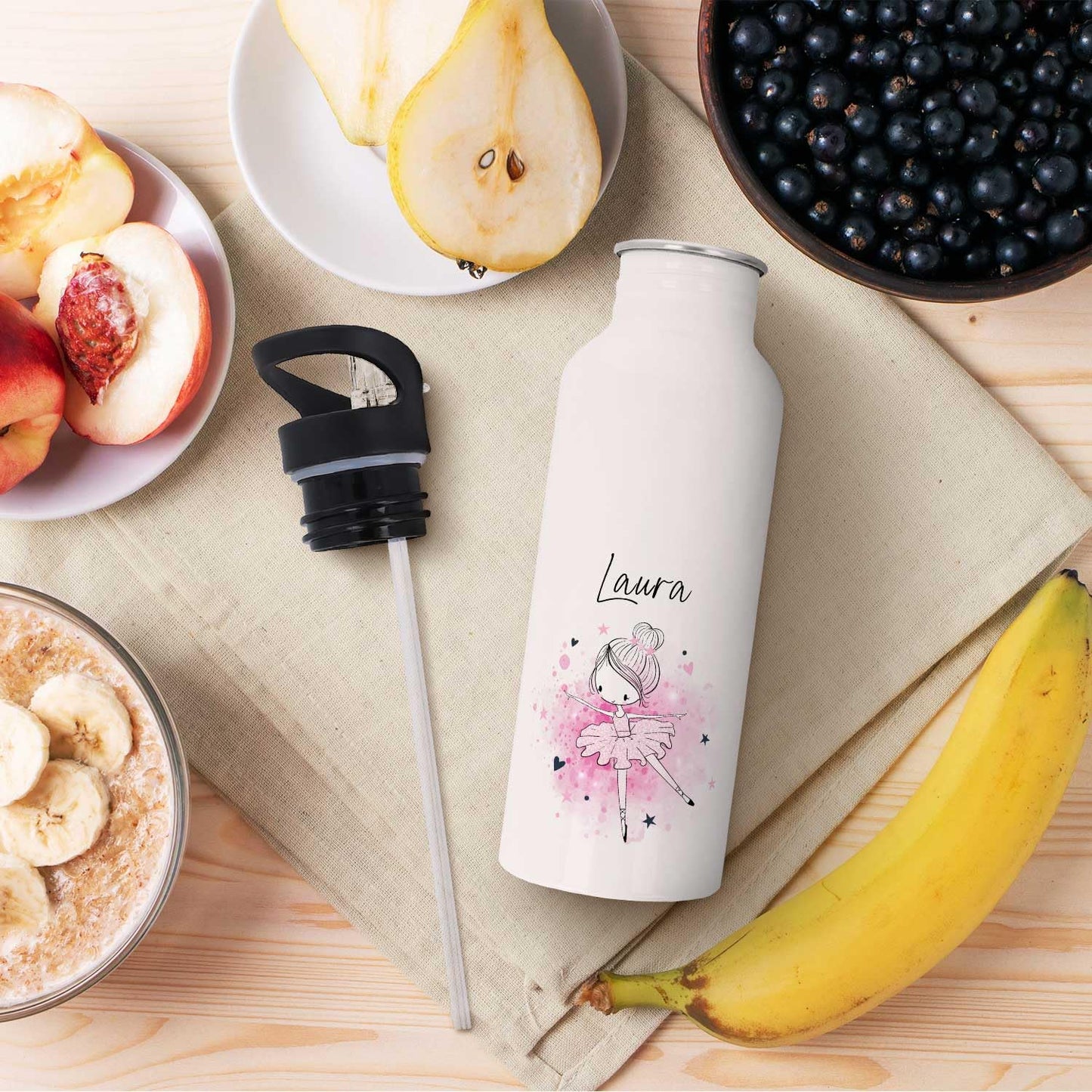 ENGRAVING LINE - Stainless steel water bottle - Ballerina design - Personalized with name - 600 ml - Leak-proof with flip-up spout and integrated straw.
