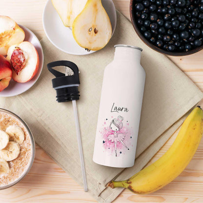 ENGRAVING LINE - Stainless steel water bottle - Ballerina design - Personalized with name - 600 ml - Leak-proof with flip-up spout and integrated straw.