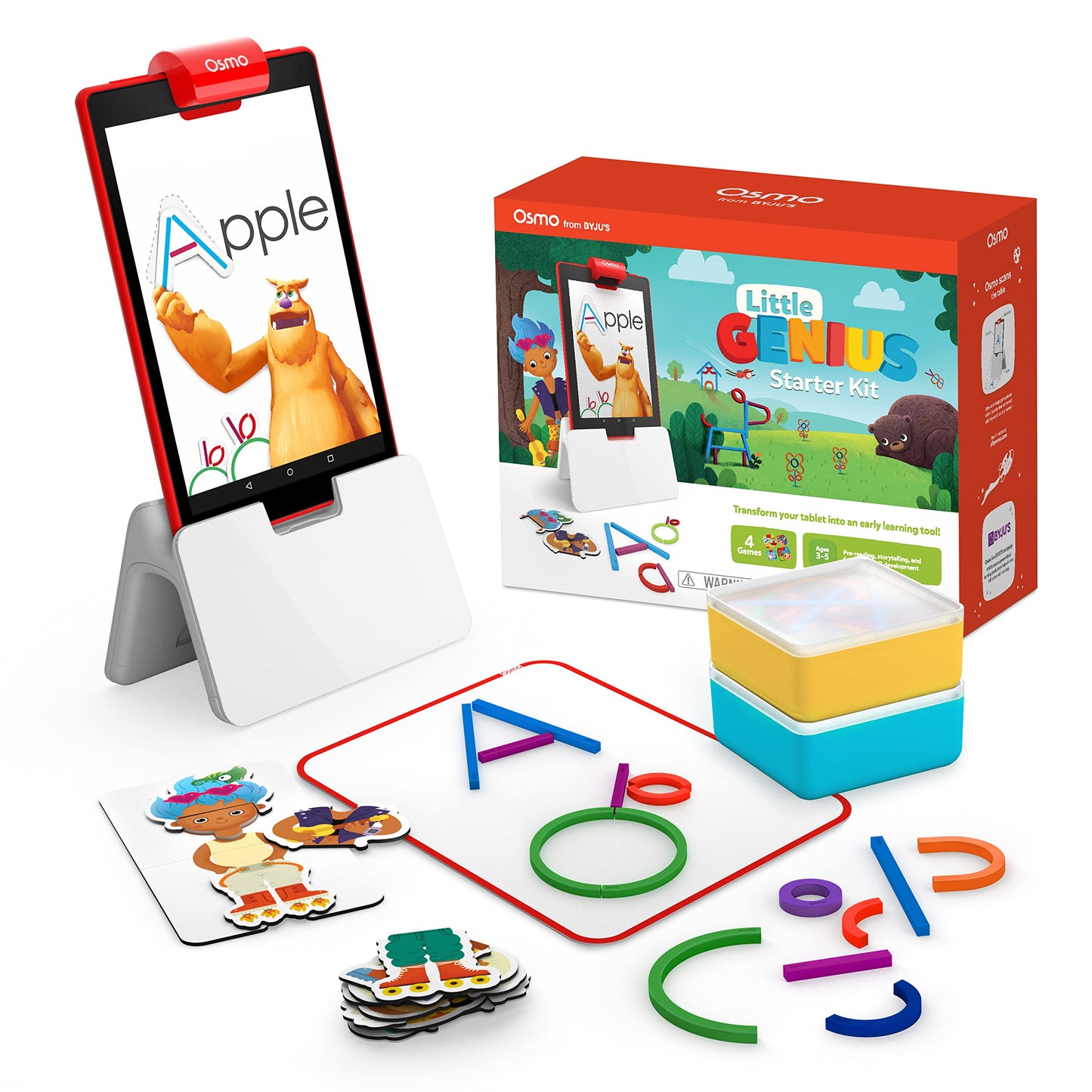 Osmo - Little Genius Starter Kit for Fire Tablet - 4 Learning Games - Ages 3-5 - Letters, Sounds, Creativity - Digital play with real game pieces - (includes Osmo Base for Fire) - German translated
